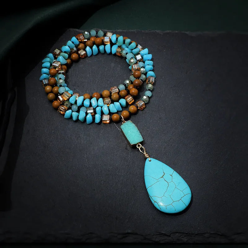 Blue turquoise necklace with large water drop pendant and imitation mineral gemstone detail