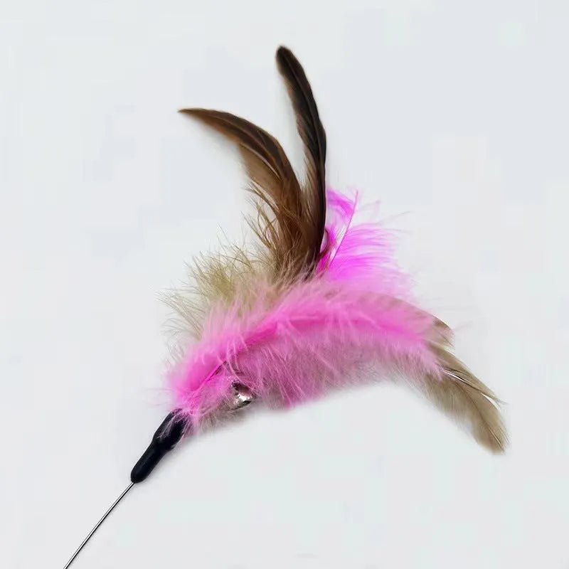 Adjustable cat collar toy with bell, detachable silicone teasing wand, and feather attachment in blue and pink options