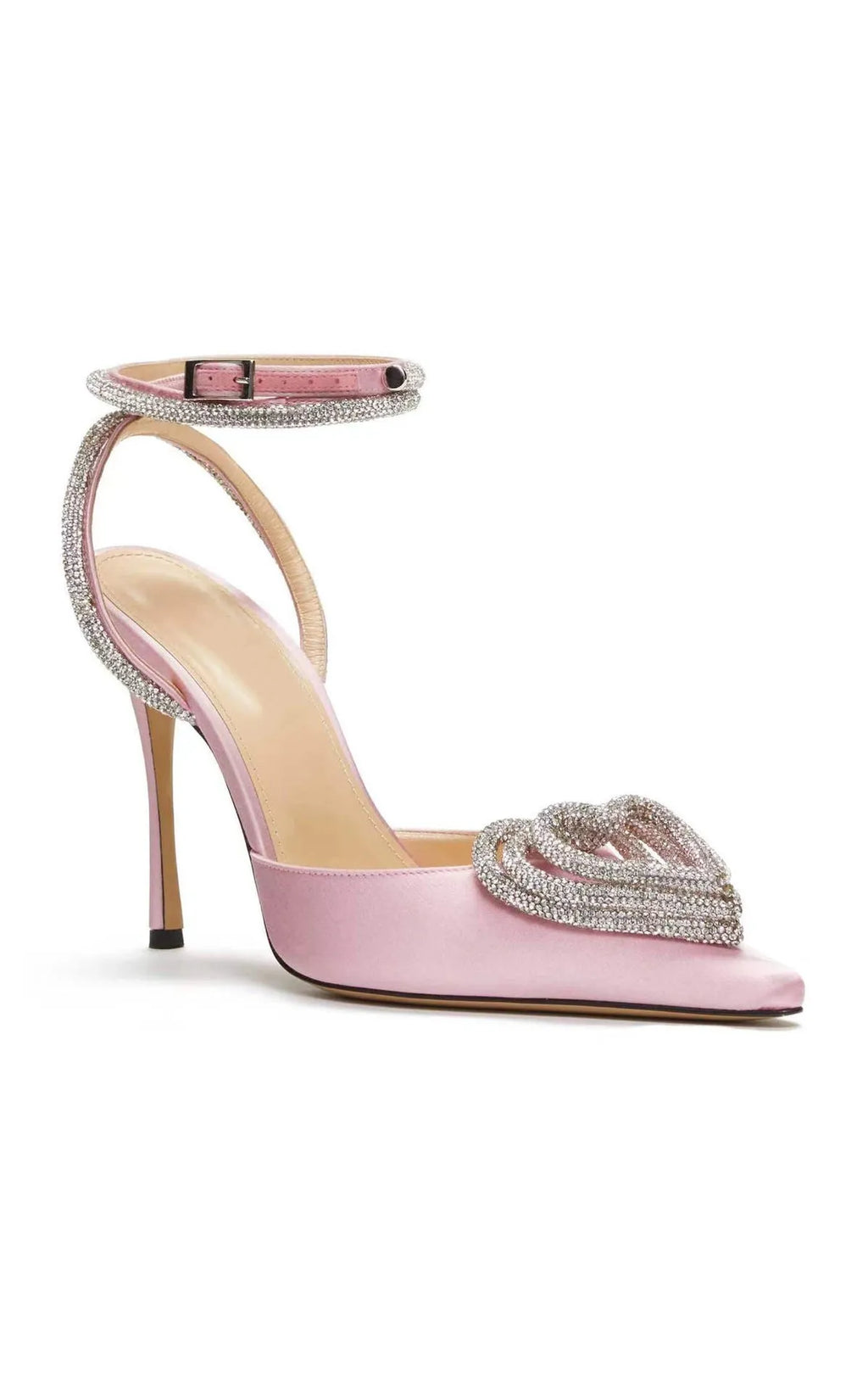 Women's satin sandals with heart rhinestone pointed toe and adjustable cross-belt in three colours