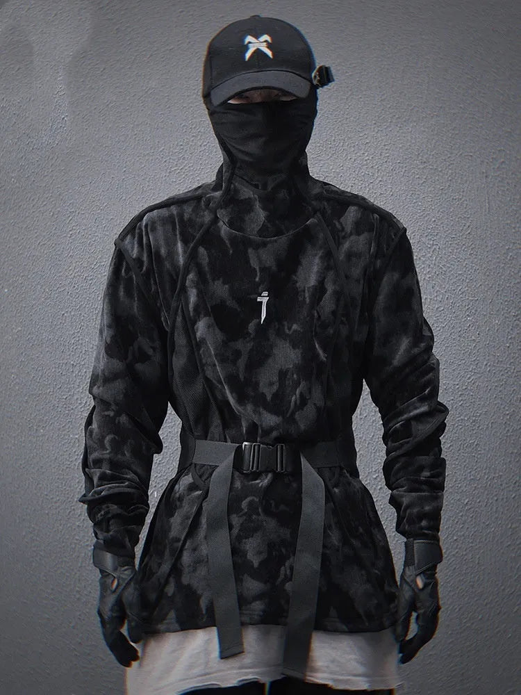 Men's black tie dye finger turtleneck sweater with full print and drop shoulder sleeves