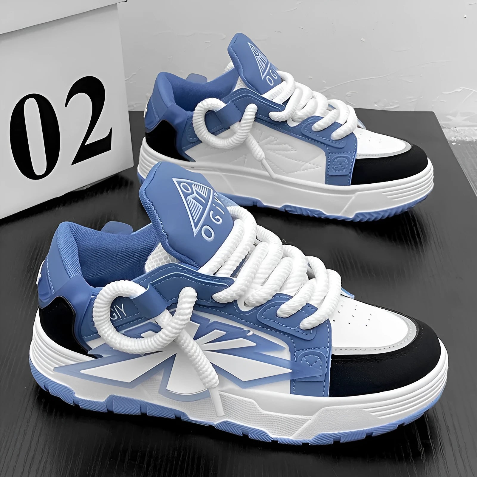 Men's thick bottom chunky sneakers with cartoon patterns in black, white, and blue colour options