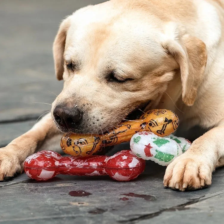 Printed bone shaped TPR dog chew toy with squeaker in seasonal colour variations