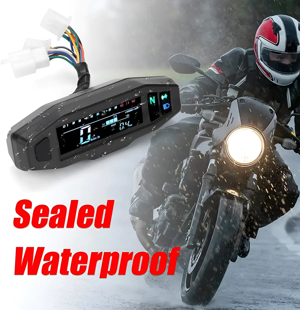 Black mini motorcycle LCD speedometer and multi-function gauge showing digital display.