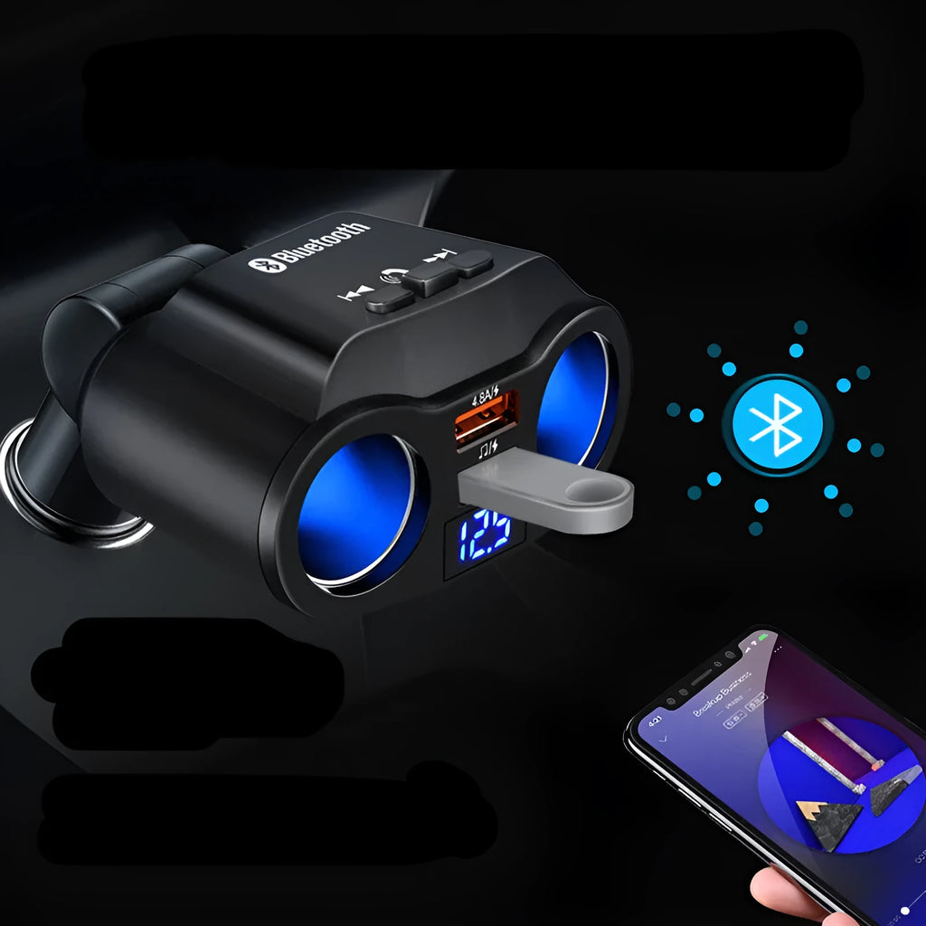 Car Bluetooth FM transmitter and fast charger plugged into a vehicle cigarette lighter socket.