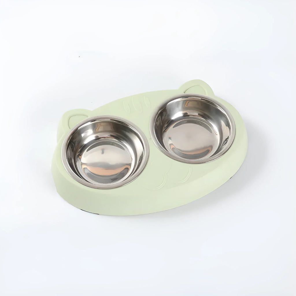 Blue macaron-shaped plastic pet feeder with two bowls for food and water