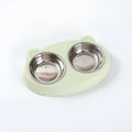 Blue macaron-shaped plastic pet feeder with two bowls for food and water