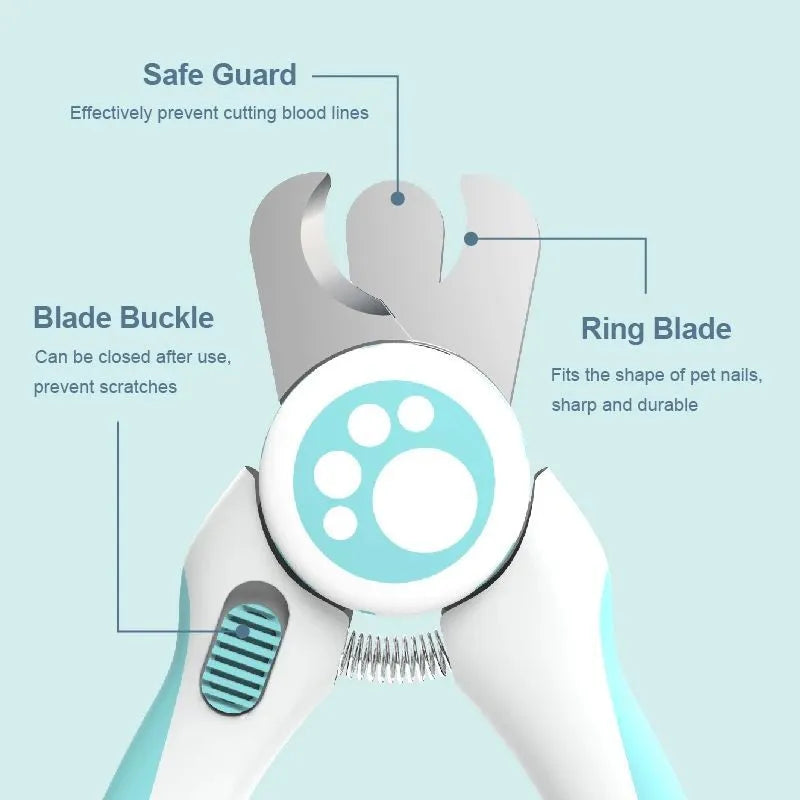 Blue and white pet nail clippers with safety guard and stainless steel blades