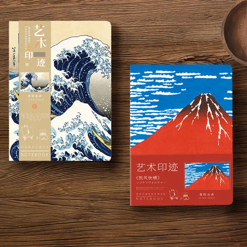 Ukiyo-e art hand ledger notebook open showing retro Japanese wave print cover and lined Daolin paper pages.