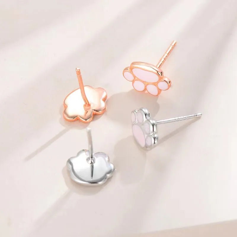S925 silver cat paw ear studs simple handmade rose gold and white gold finish
