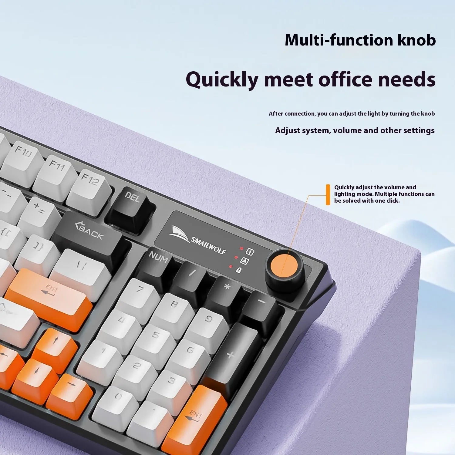 Wired mechanical gaming keyboard with control knob in Black, Sunset Orange, and Autumn Water Blue colour options