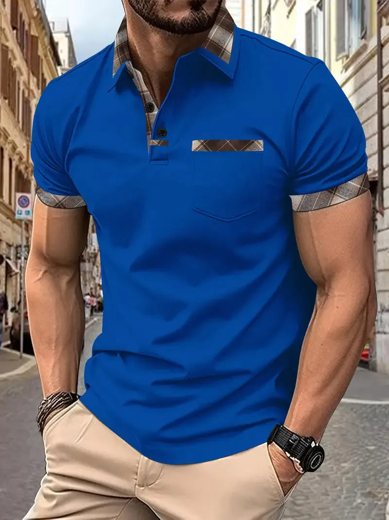 Men's loose fit short sleeve t-shirt with colourblock plaid design and zip decoration.