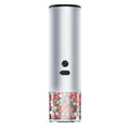 White electric pepper and salt grinder with stainless steel top and clear glass jar showing LED lights