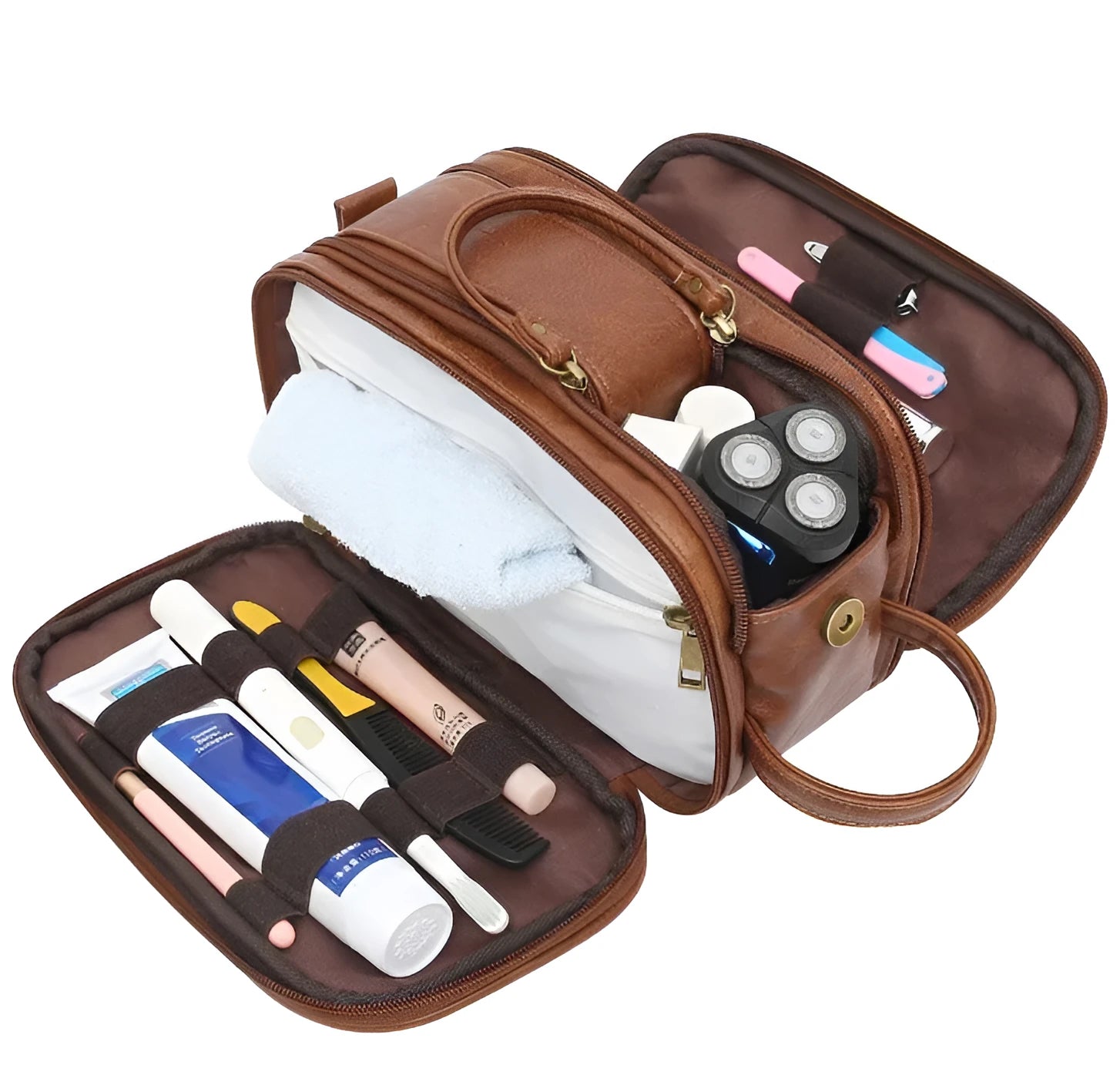 Men's black and brown Pu toiletry bag with zippered closure for travel storage