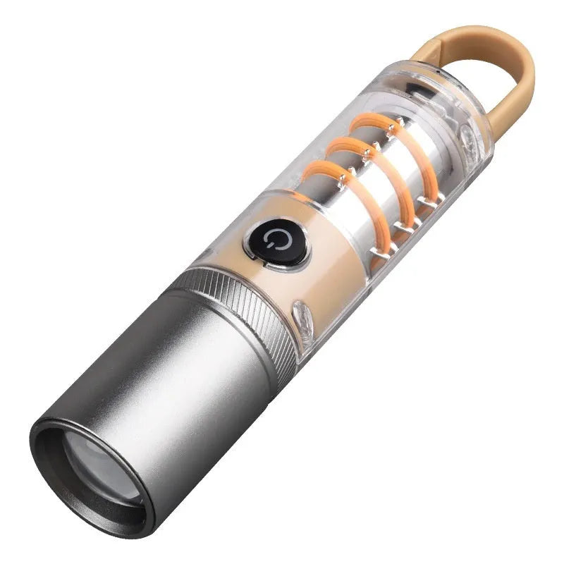 Orange and beige 10W dual-light flashlight with hook and keychain attachment