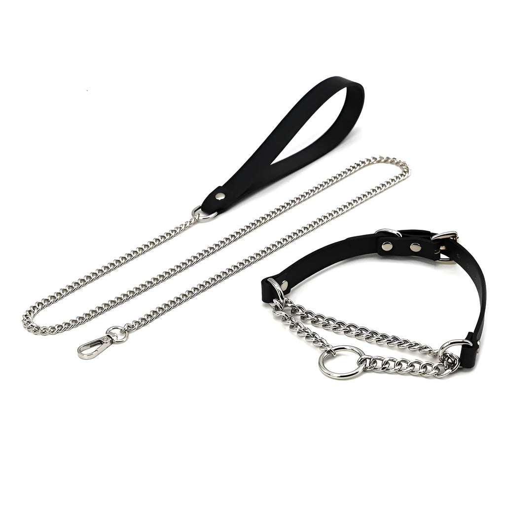 Black leather dog collar and leash set with tightening chain and hand grip rope