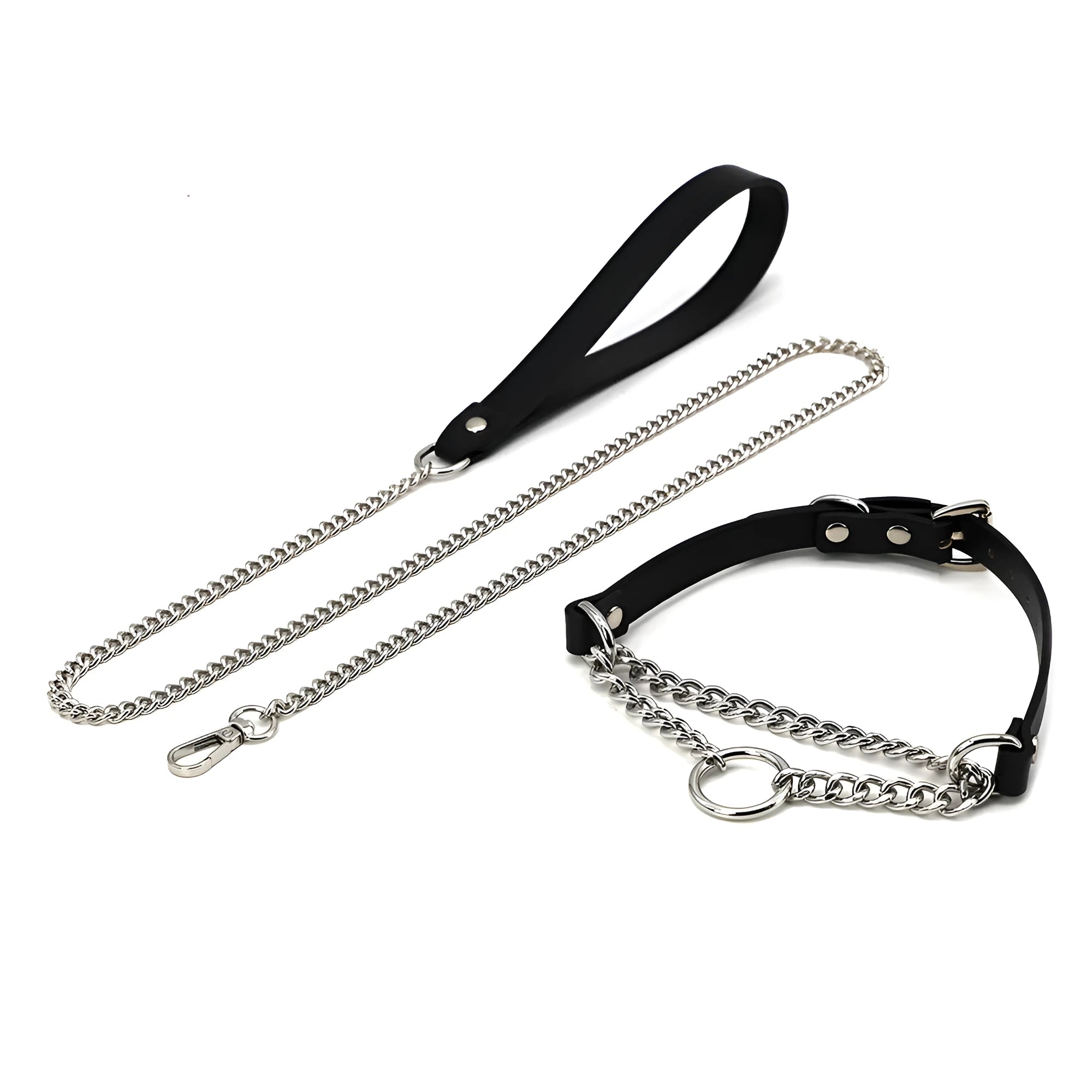 Black leather dog collar and leash set with tightening chain and hand grip rope