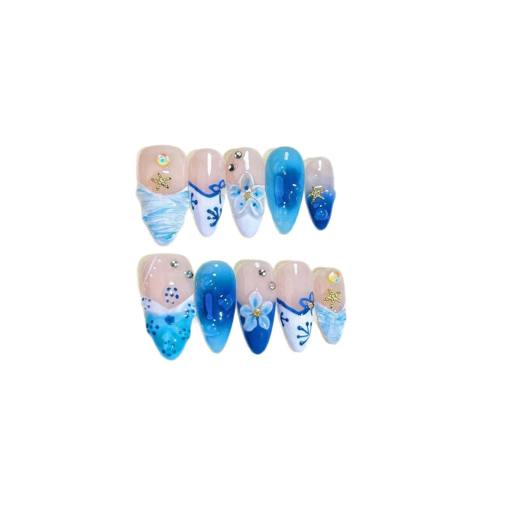 Blue hand-painted carved summer ice transparent false nails set in plastic with sizes XS S M L