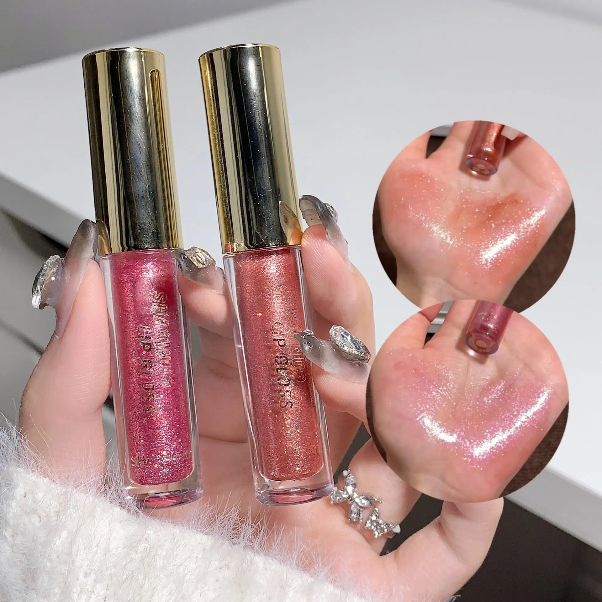 Shanuo Flash Lip Gloss tube showing five colour shades: cherry blossom pink, gold flash, peach, purple, and berry red.