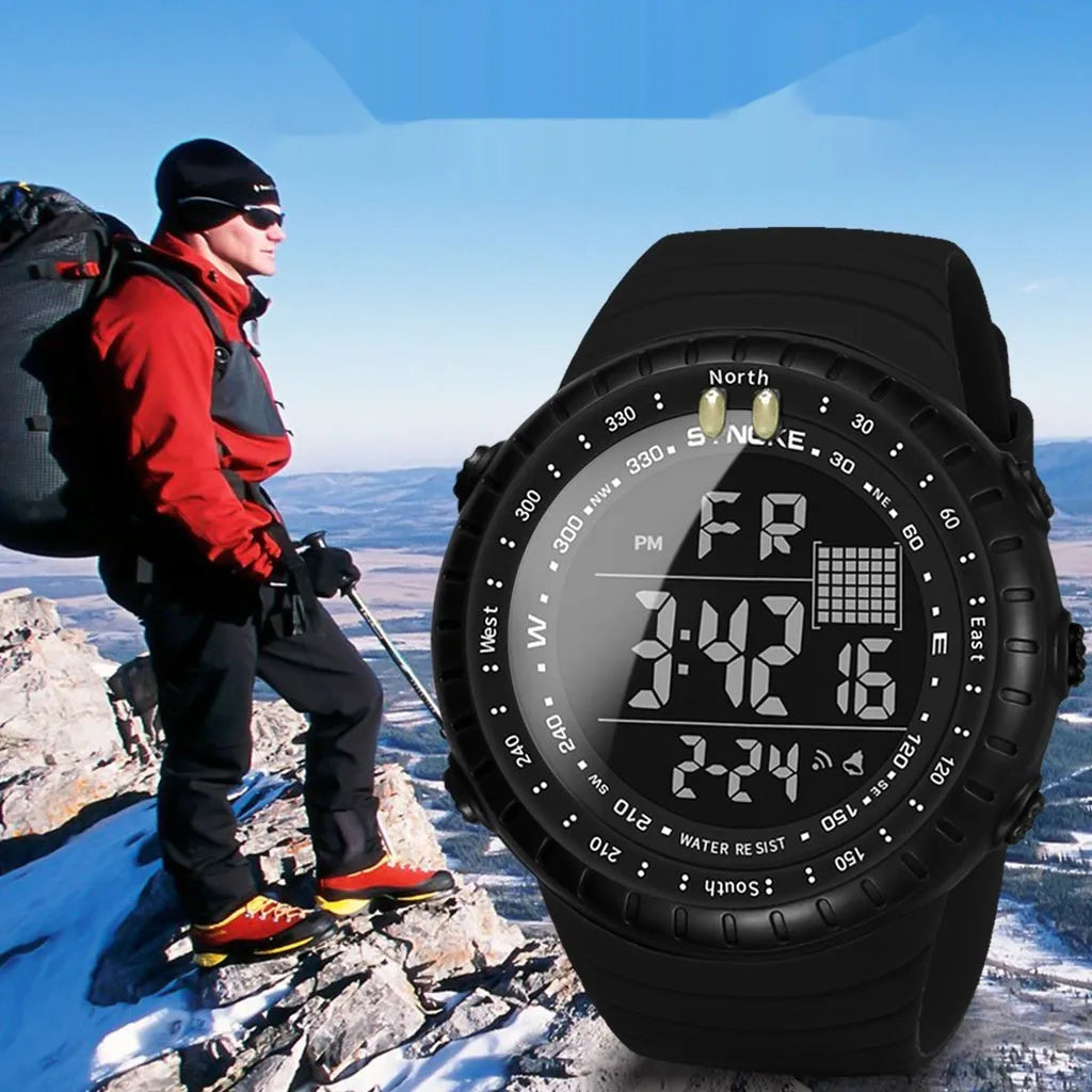 Black men's waterproof outdoor electronic watch with large dial on a PU strap.