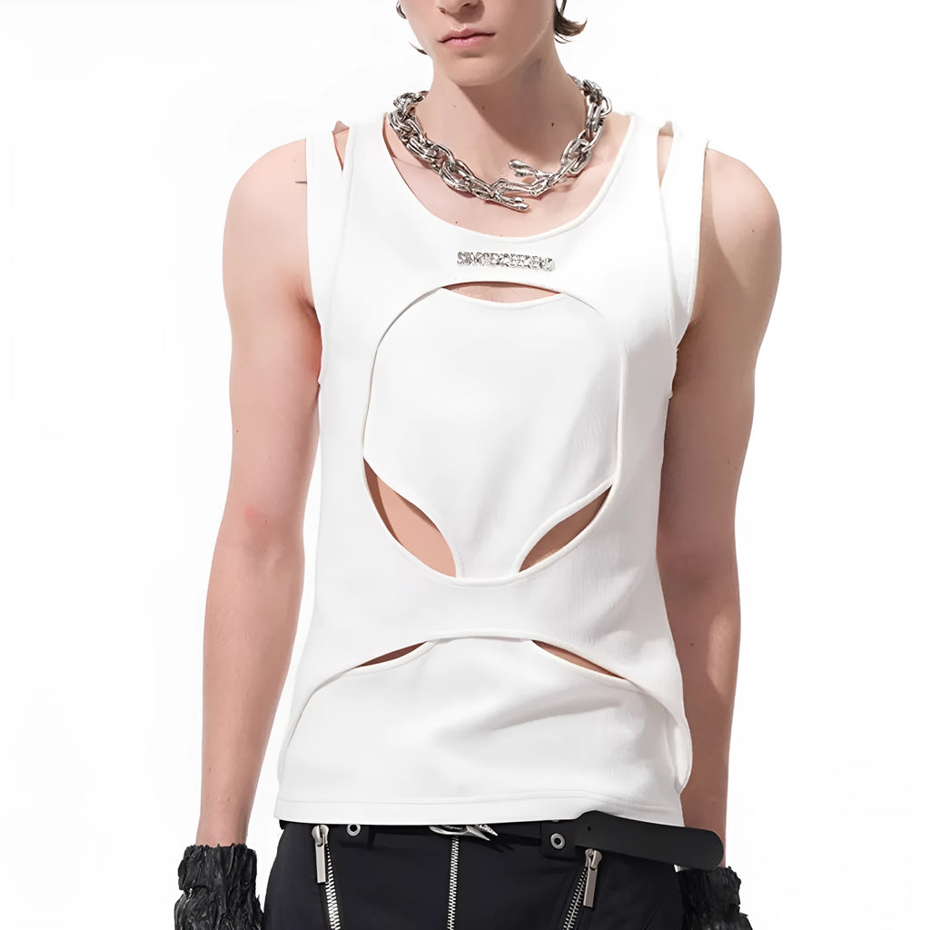 Men's sleeveless waistcoat in hollow knit cotton thread with round neck and loose fit