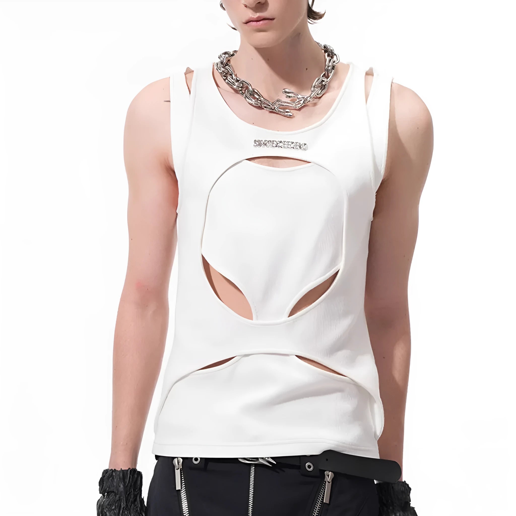 Men's sleeveless waistcoat in hollow knit cotton thread with round neck and loose fit