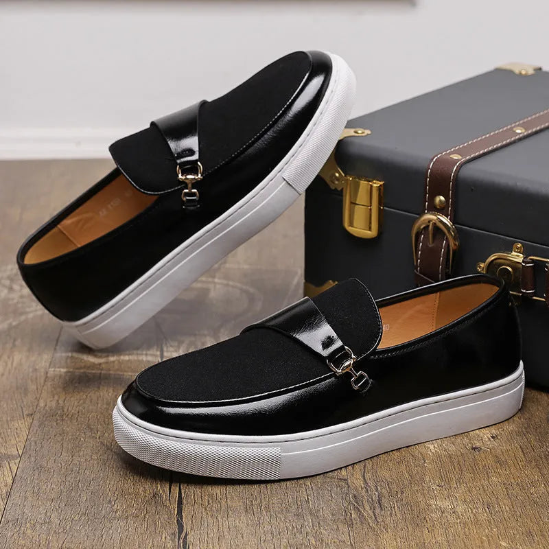 Men's black leather slip-on shoes with horsebit buckle and round toe design