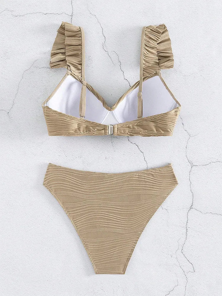 Women's solid colour bikini swimsuit in black or khaki polyester fabric