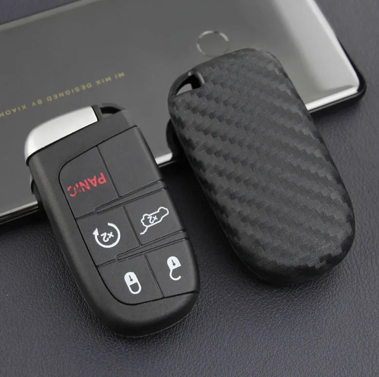 Black silicone key case with carbon fibre pattern for Dodge Chrysler Fiat remote key fobs.
