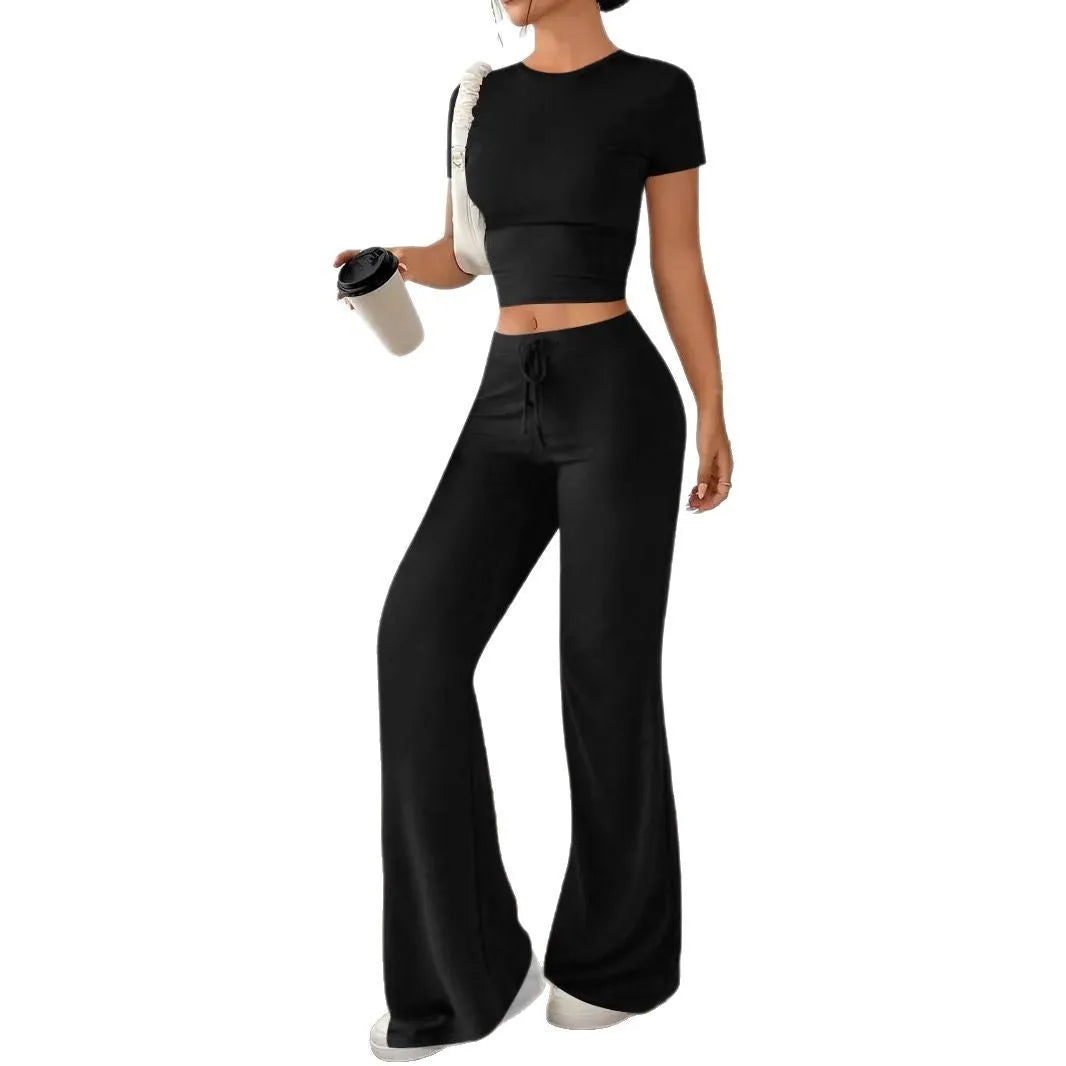 Black women's co-ord suit set with high-waist trousers and short-sleeve t-shirt