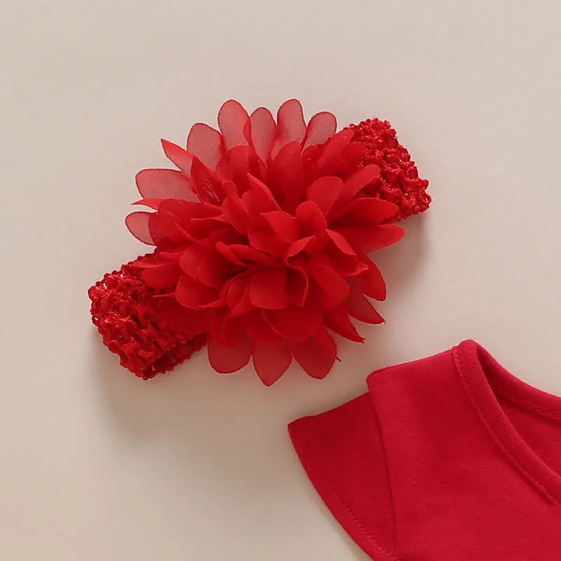 Korean style baby girl red lace princess dress with matching red shoes and large flower hairband