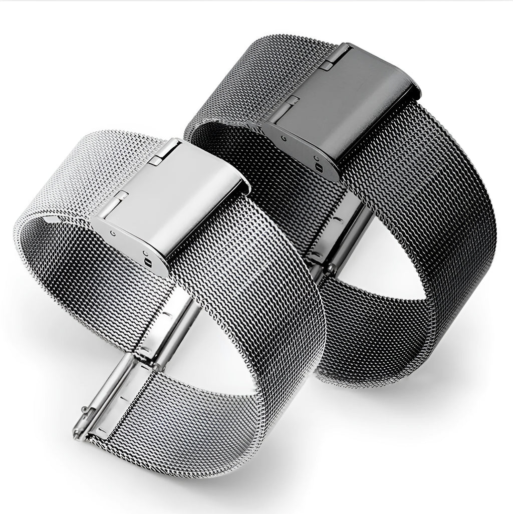 Milani woven stainless steel watch band in silver, black, rose gold, or gold with six bandwidth size options