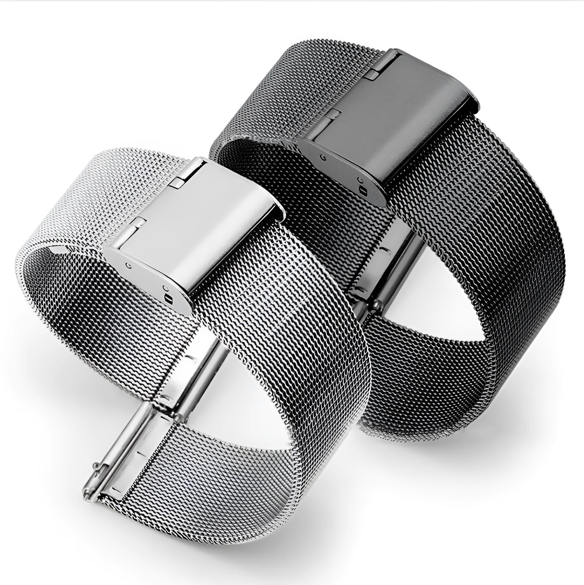 Milani woven stainless steel watch band in silver, black, rose gold, or gold with six bandwidth size options