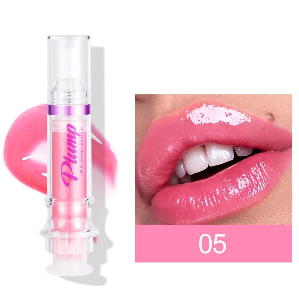 Lip gloss tube with mirror finish showing shiny application on lips