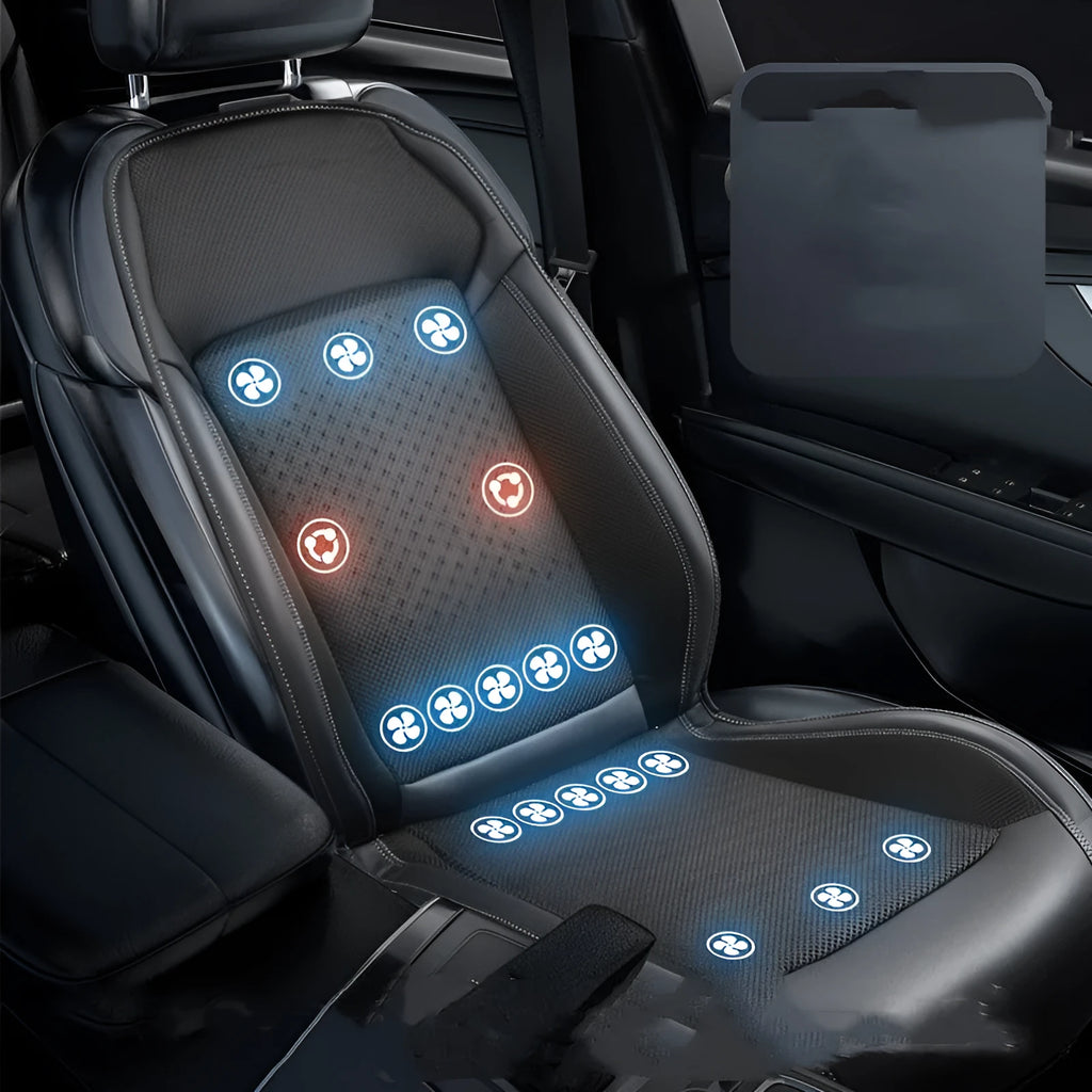 Car seat cooling pad with ventilation system and massage function in minimalist black design