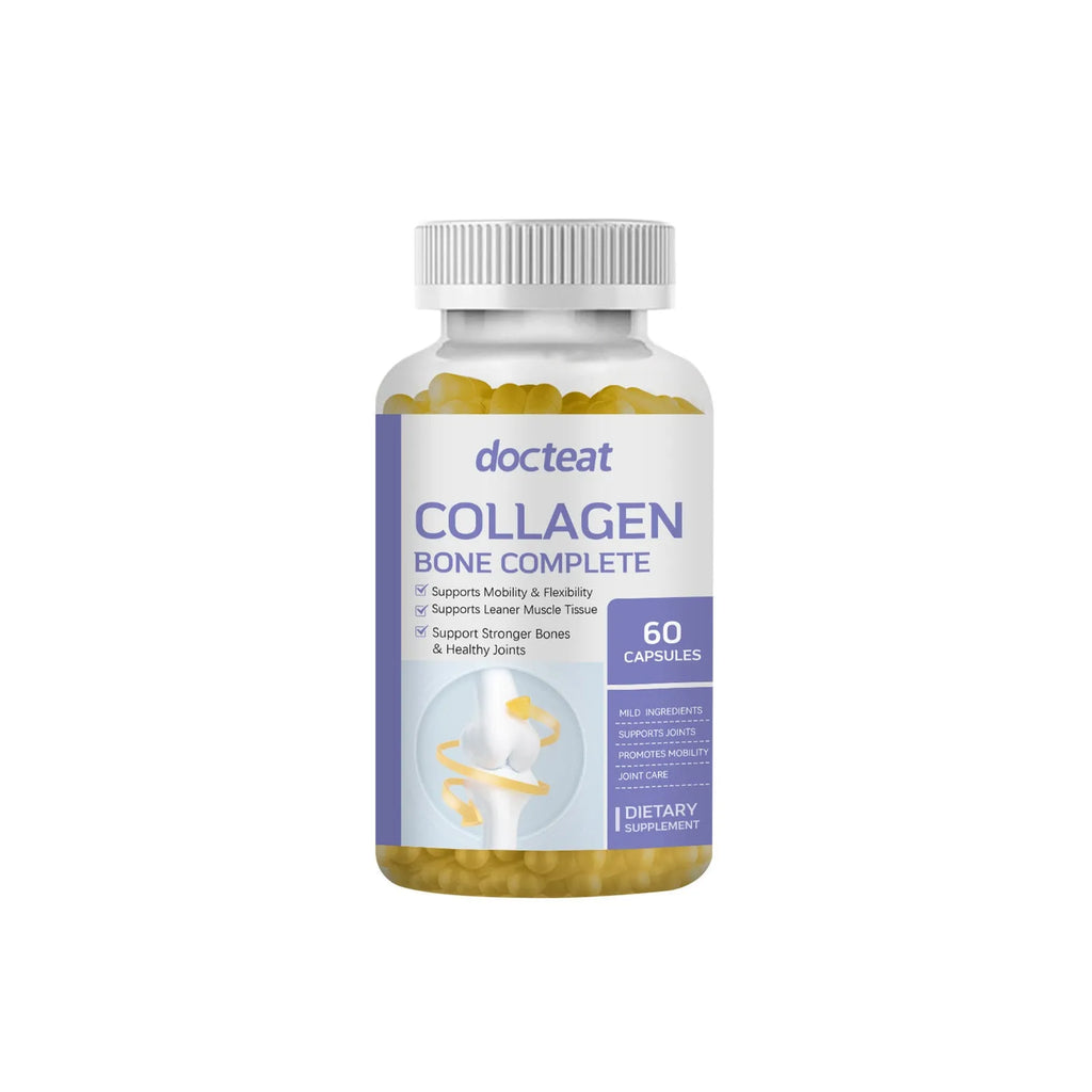 Bottle of 60 collagen and multivitamin capsules with marine collagen, vitamin C, D3, K2 and calcium.