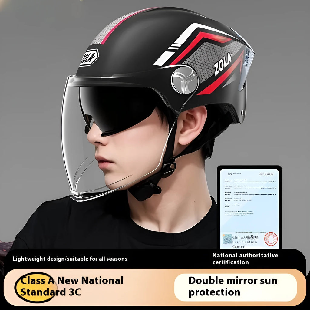 A light brown 3C certified motorcycle half helmet with a double mirror visor on a stand.