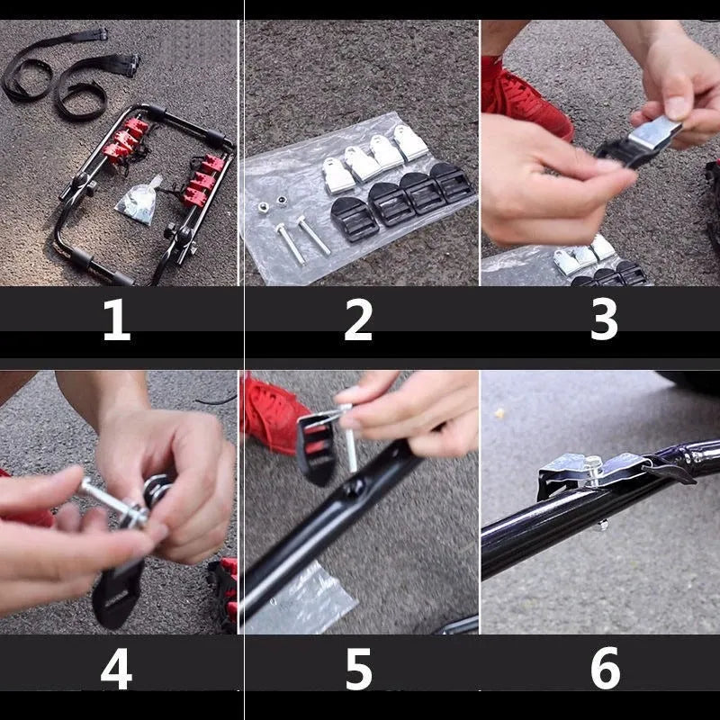 Black and red iron car boot bike rack with sponge padding and securing straps.