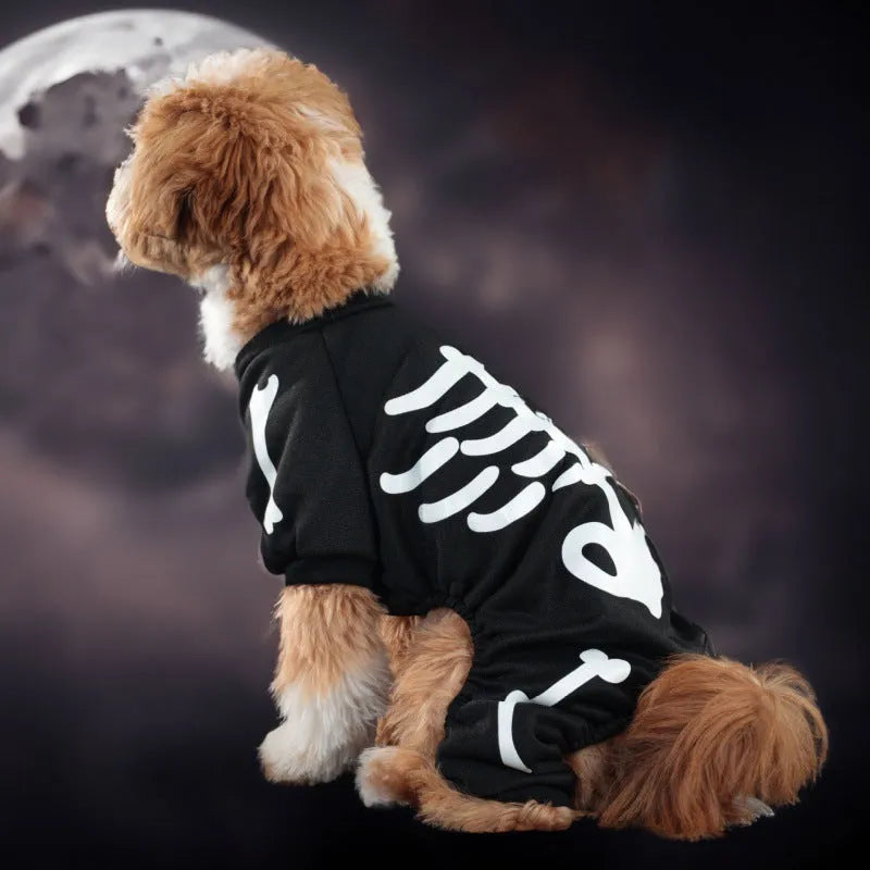 Halloween dog costume with luminous skull bones design on four-legged polyester garment