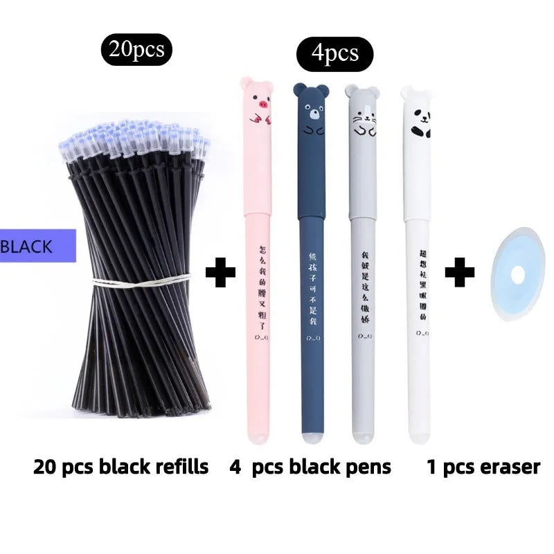 A black heat-erasable pen with a 0.5mm tip, shown with spare refill nibs and caps.