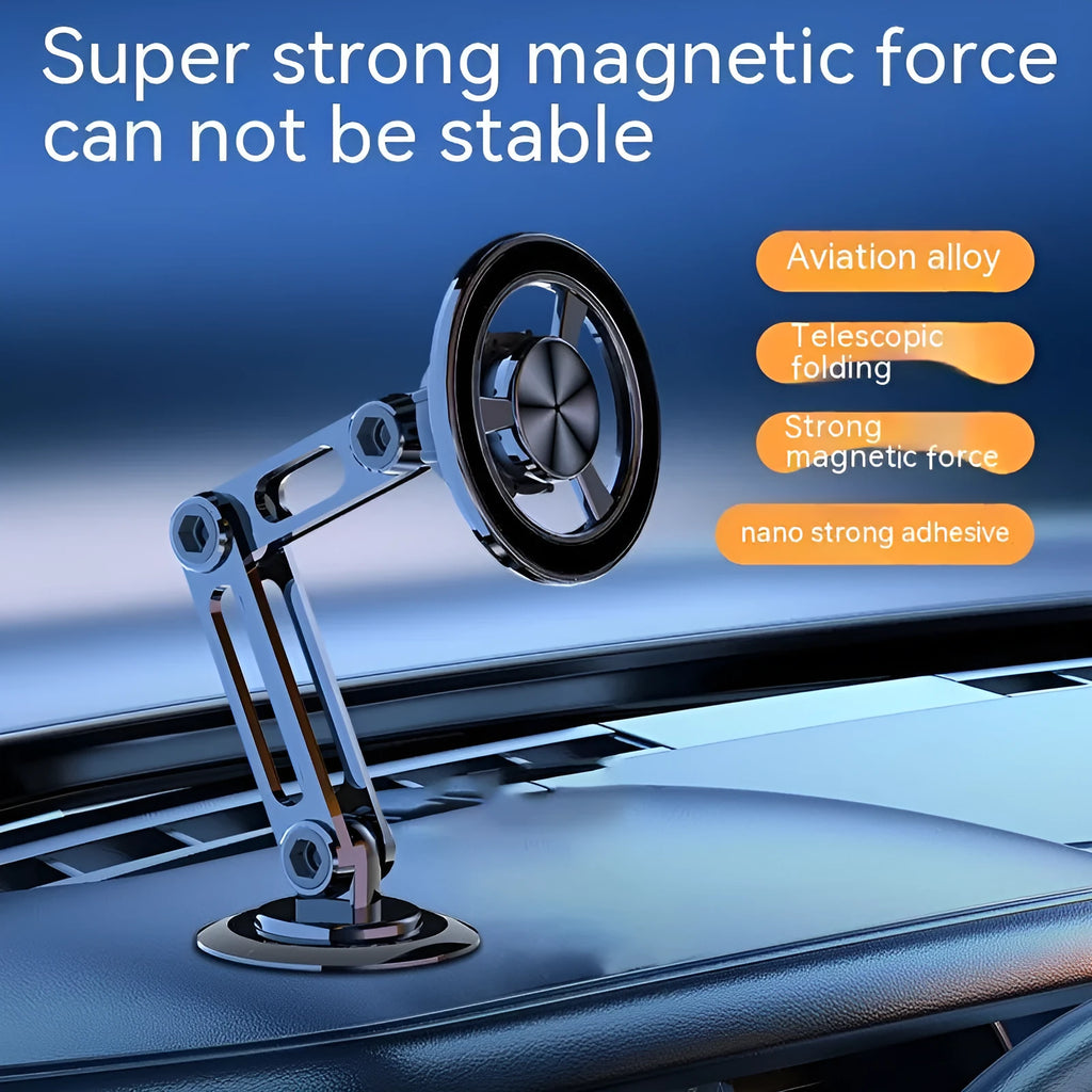 All-metal magnetic car phone holder mounted on a dashboard, showing 360-degree rotation.