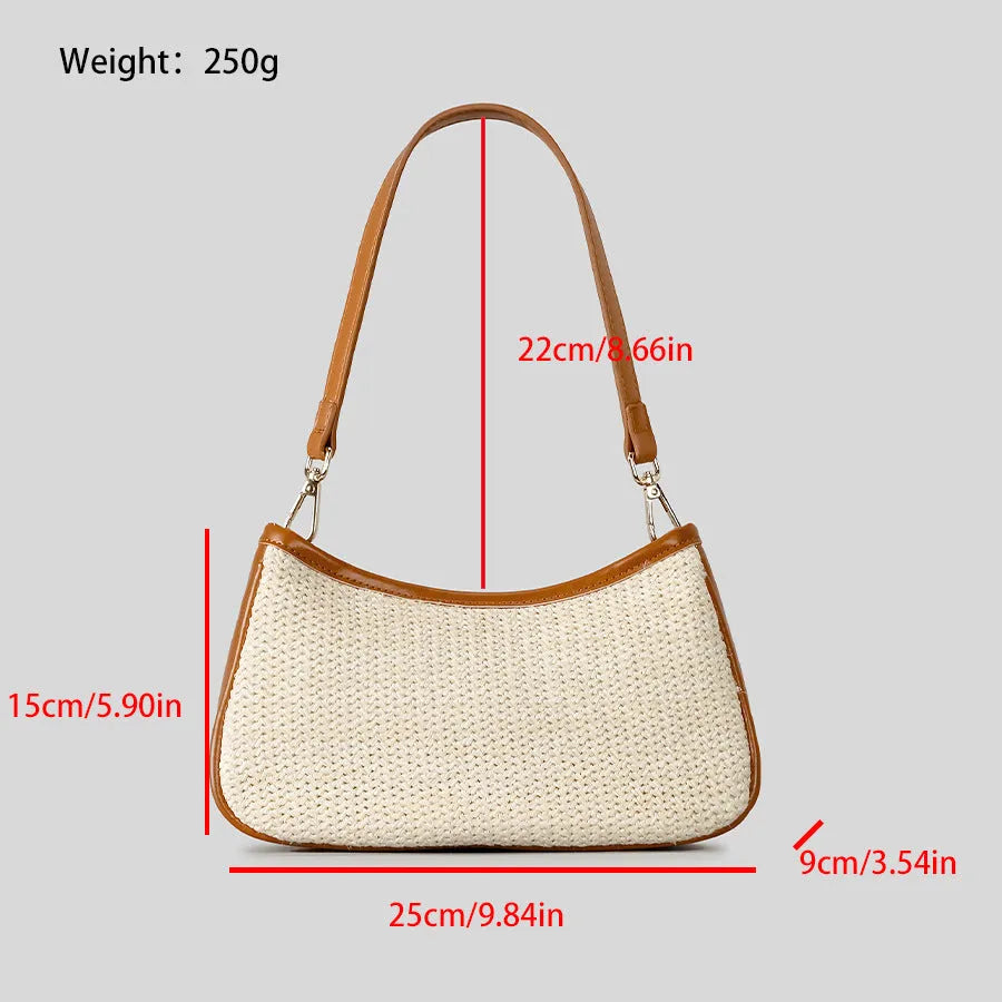 Khaki hand-woven straw crossbody bag with a single strap and contrasting detail.