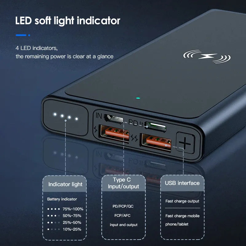 Black and blue aluminium alloy wireless power bank with 10000mAh capacity