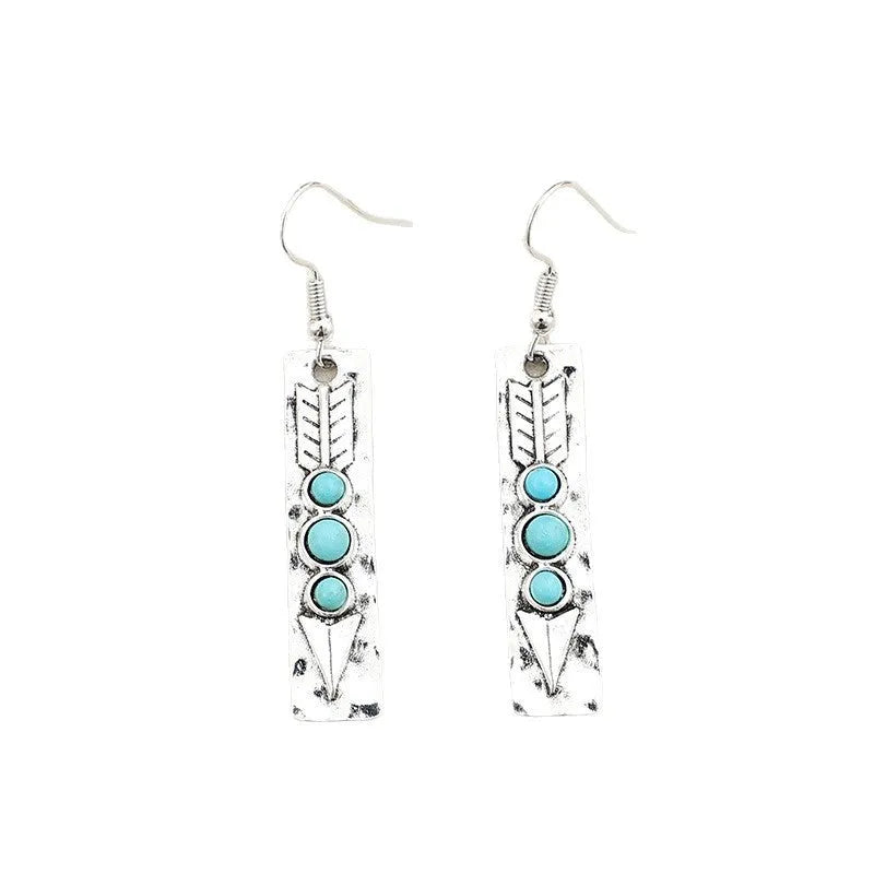 Silver geometric retro earrings with turquoise inlay on long strip zinc alloy design