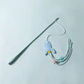 Blue cat teaser toy with long pole and feather attachments for interactive play