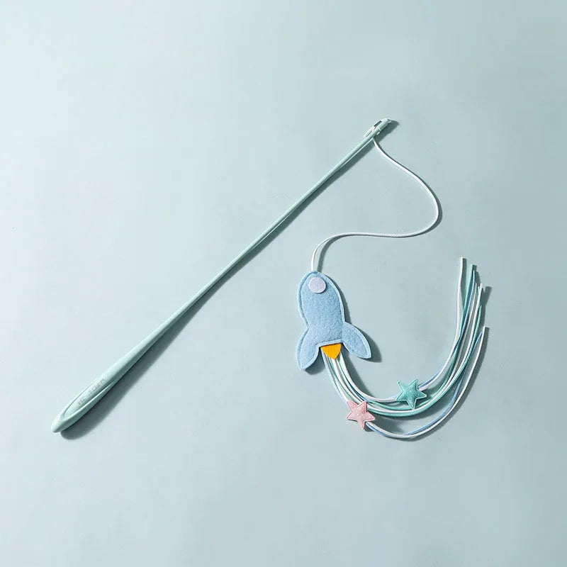 Blue cat teaser toy with long pole and feather attachments for interactive play