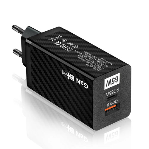 65W GaN universal laptop charger with UK, US, and EU plug heads in black or white