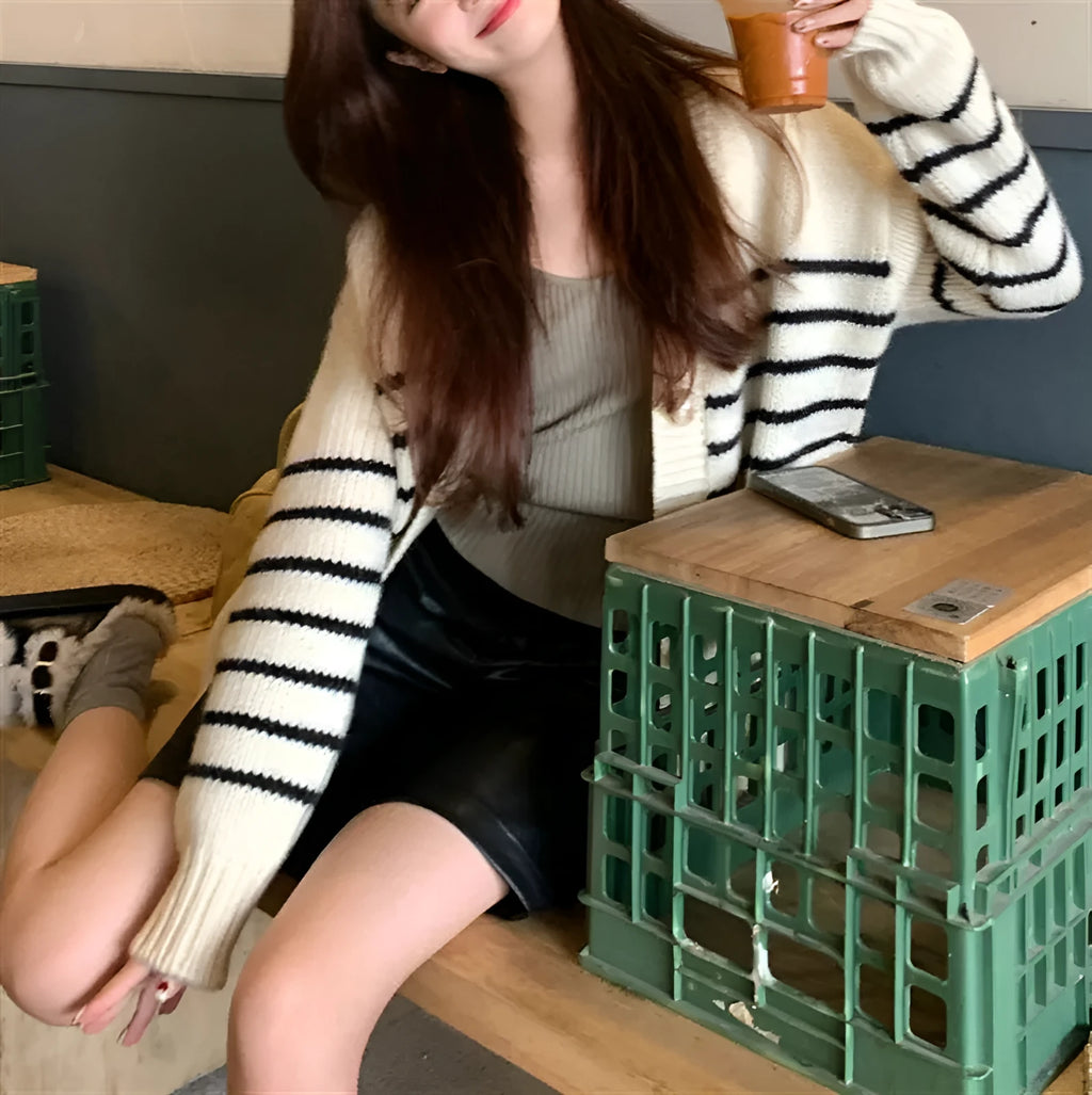 Button cardigan sweater with 3D pattern in Japanese Korean casual style
