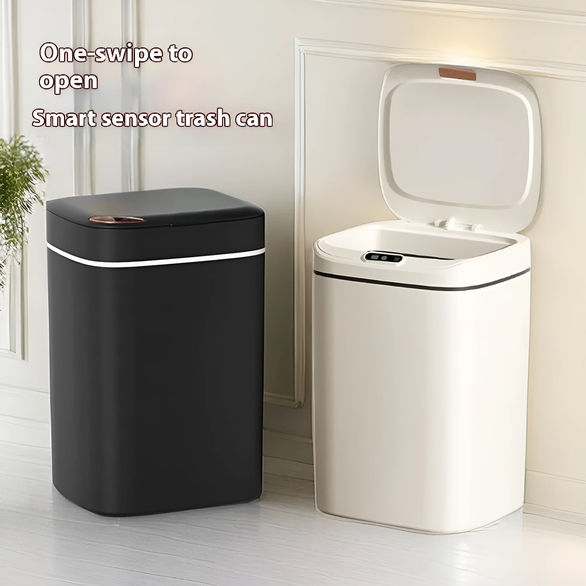 Square automatic sensor garbage bin with induction opening lid in milk white colour.