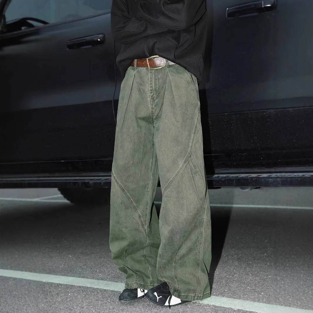 Men's straight leg pleated trousers with micro elastic waist in black, brown and apricot stripe patterns
