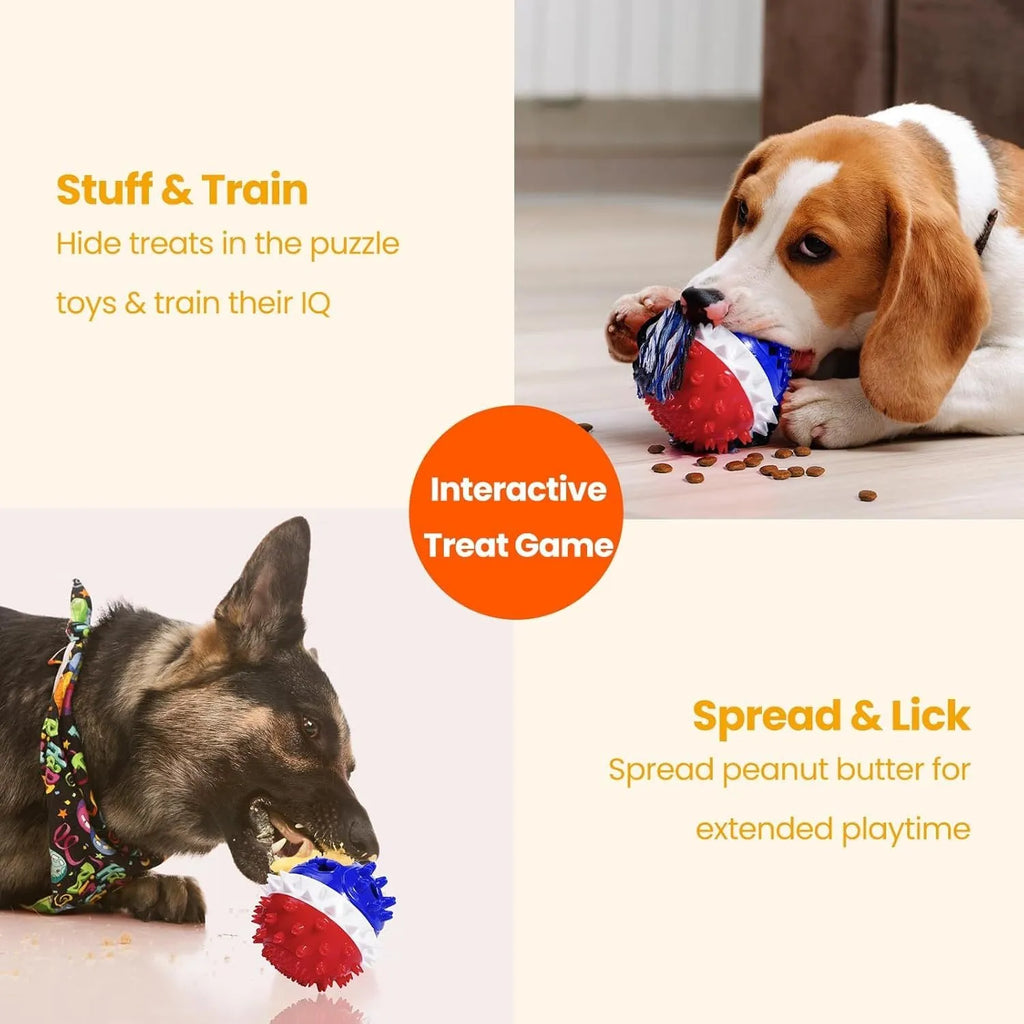 Blue and red squeaky dog chew toy with rope, treat dispenser hole, and 4.25 inch diameter ball shape.